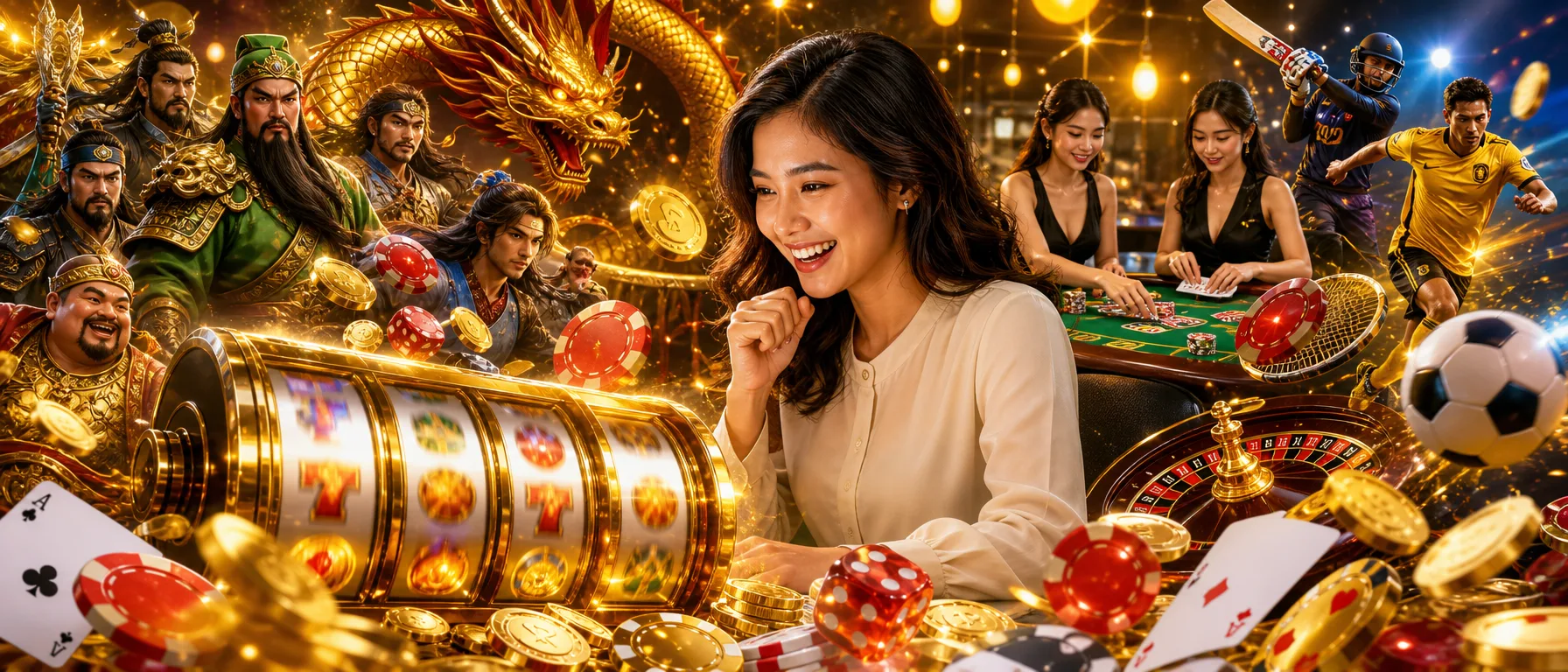 Slots, Live Tables and Sports Betting, All in One Place. From Three Kingdoms, Water Margin and Dragon Hero… – gold slots collage illustration