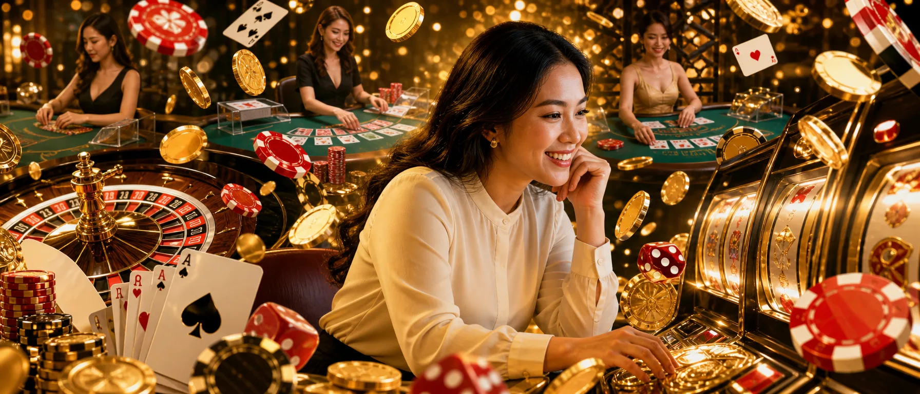 Live Blackjack, Baccarat and Roulette, dealt by real tables you can choose by name. Manu888 brings together… – gold slots collage illustration